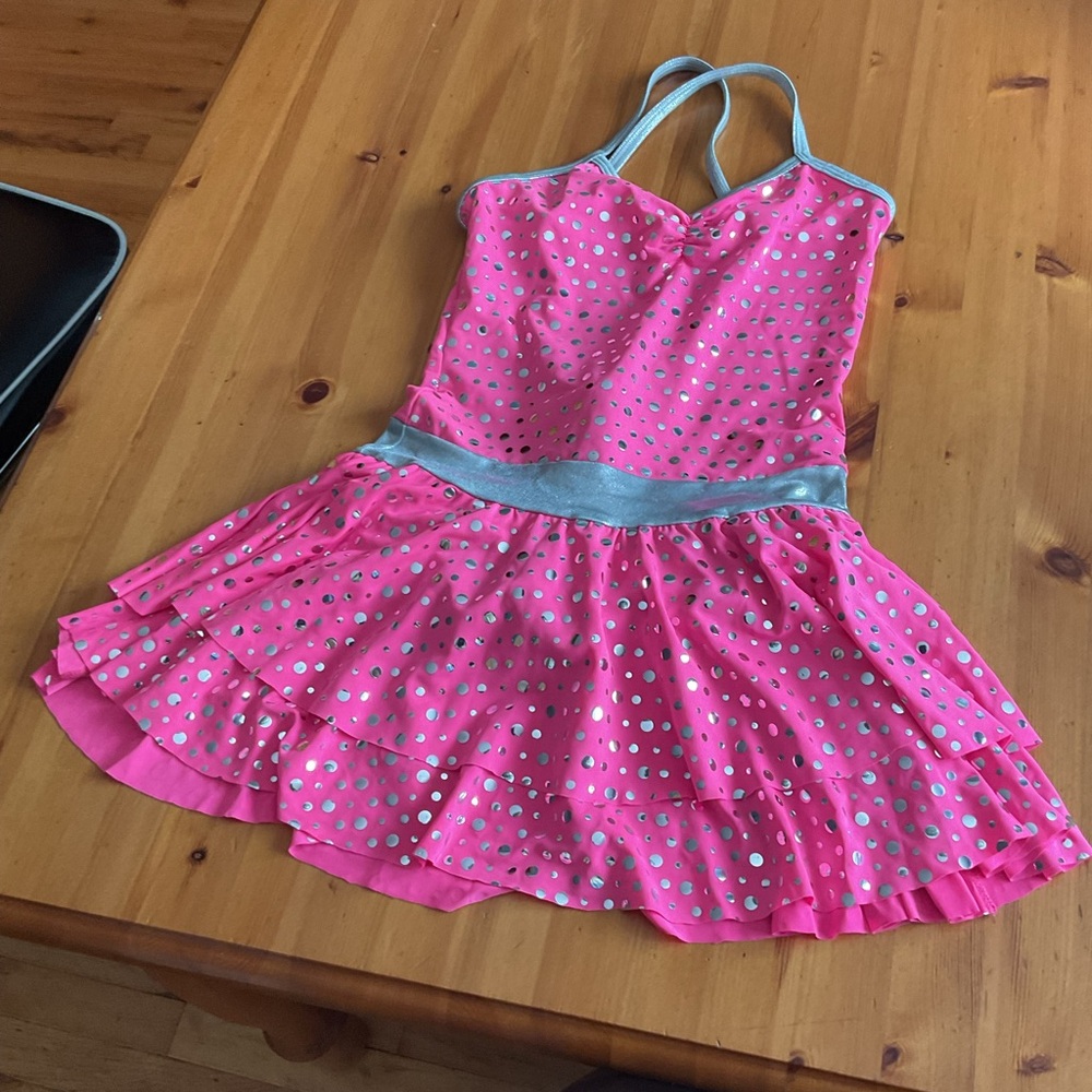 DANCE COSTUME HALLOWEEN LEOTARD SKIRT DRESS UP PINK SILVER POLKA DOTS 12/13